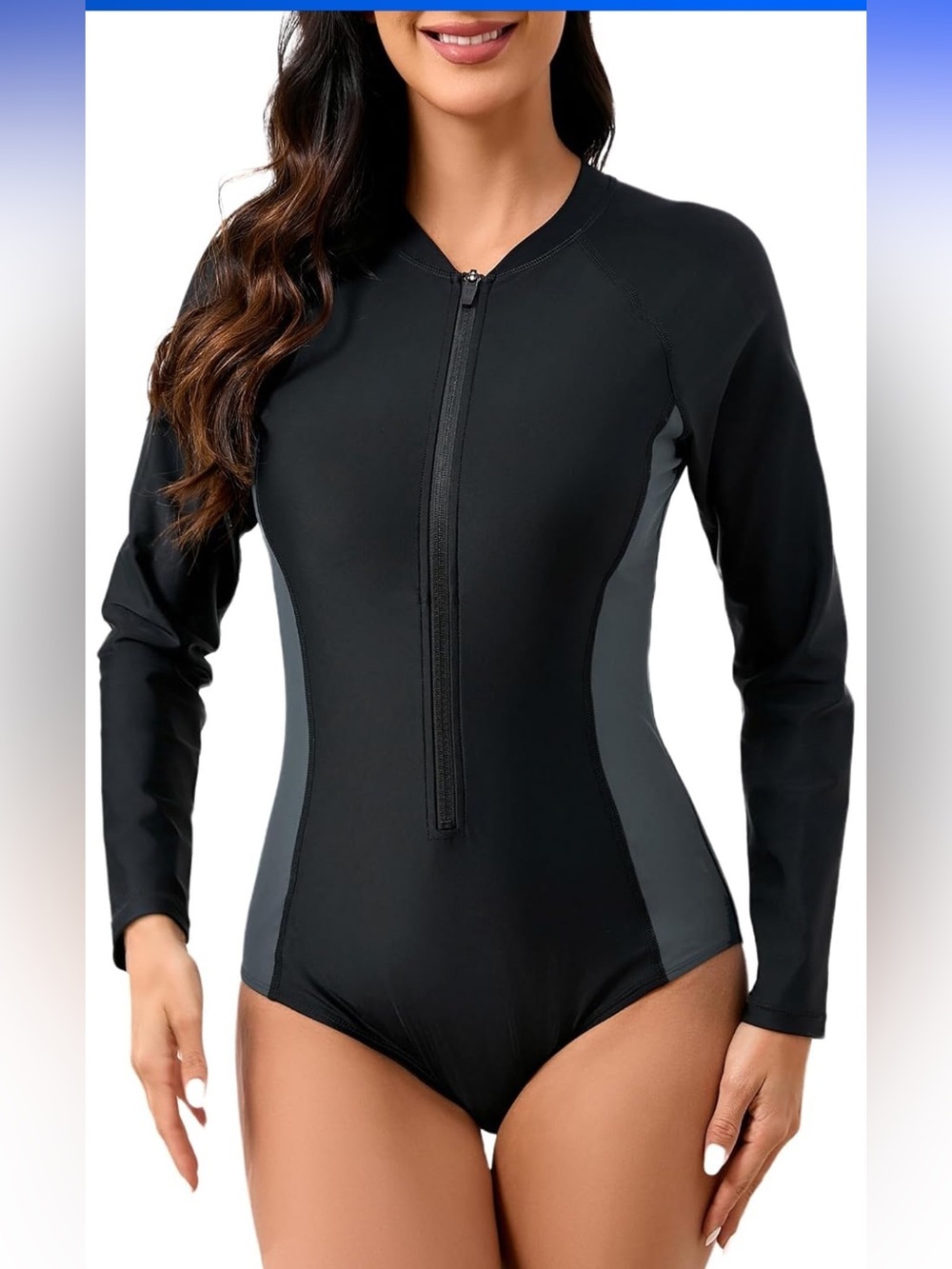 NWT Full Coverage Rash Guard with Built in Bra UPF50+ Zip Long Sleeve Black/Grey